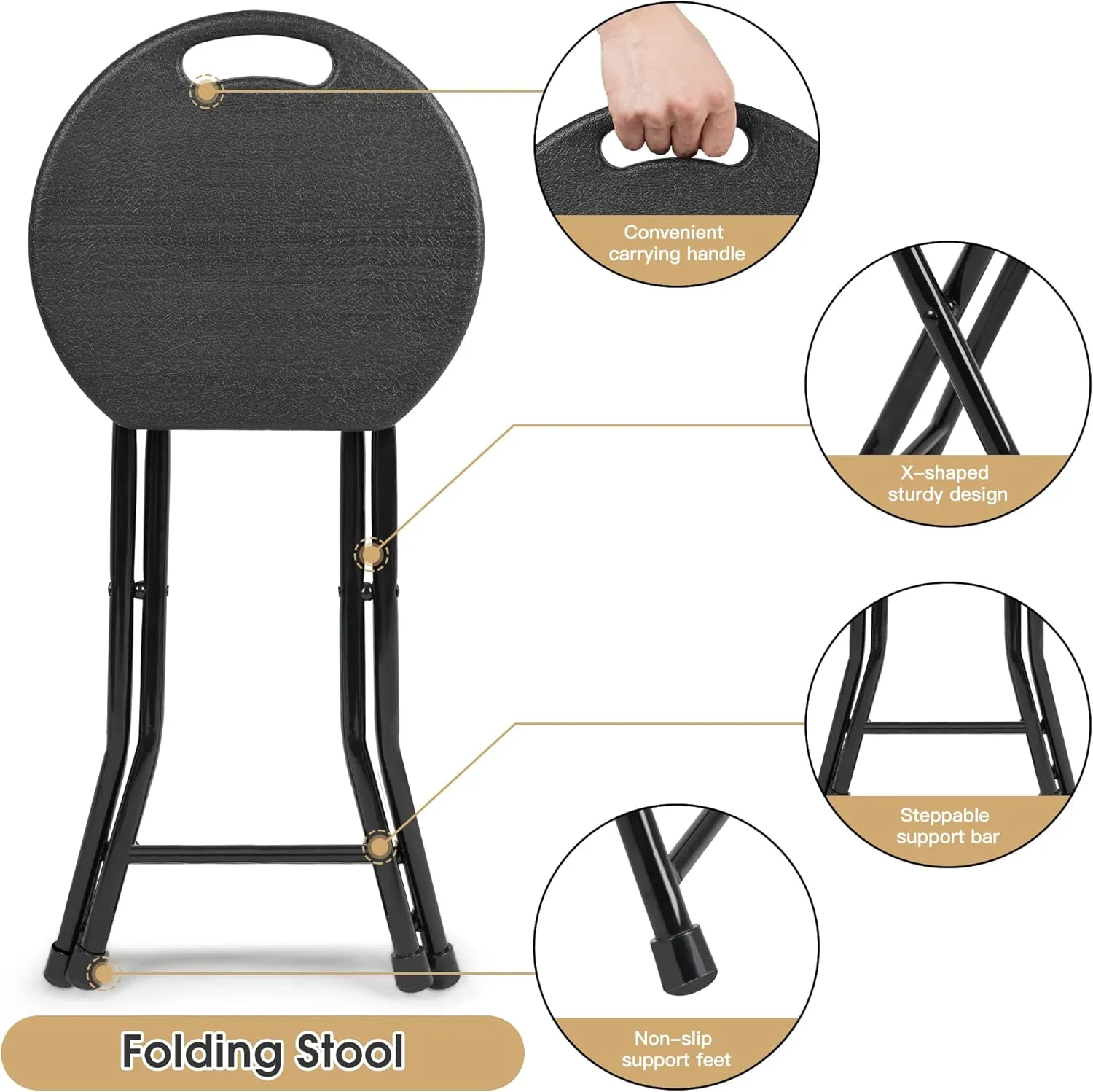 Folding Stool, 550lbs Capacity Foldable Stool with Handle, Portable Stools for Adults Heavy Duty, Folding Chair, 18 inch Collapsible Stool for Meeting Room/Party/Garden/Home (Set of 2, Black)