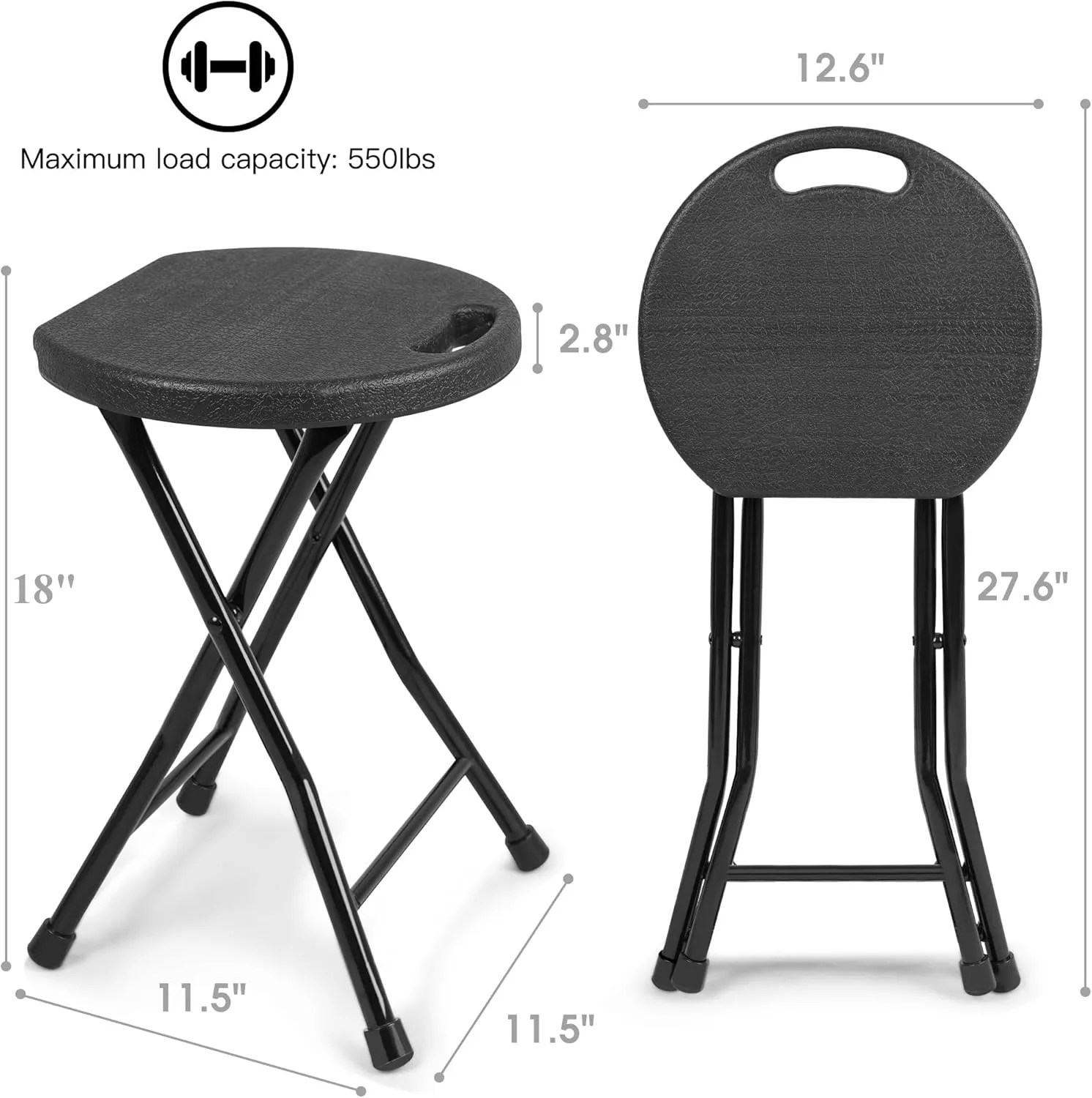 Folding Stool, 550lbs Capacity Foldable Stool with Handle, Portable Stools for Adults Heavy Duty, Folding Chair, 18 inch Collapsible Stool for Meeting Room/Party/Garden/Home (Set of 2, Black)