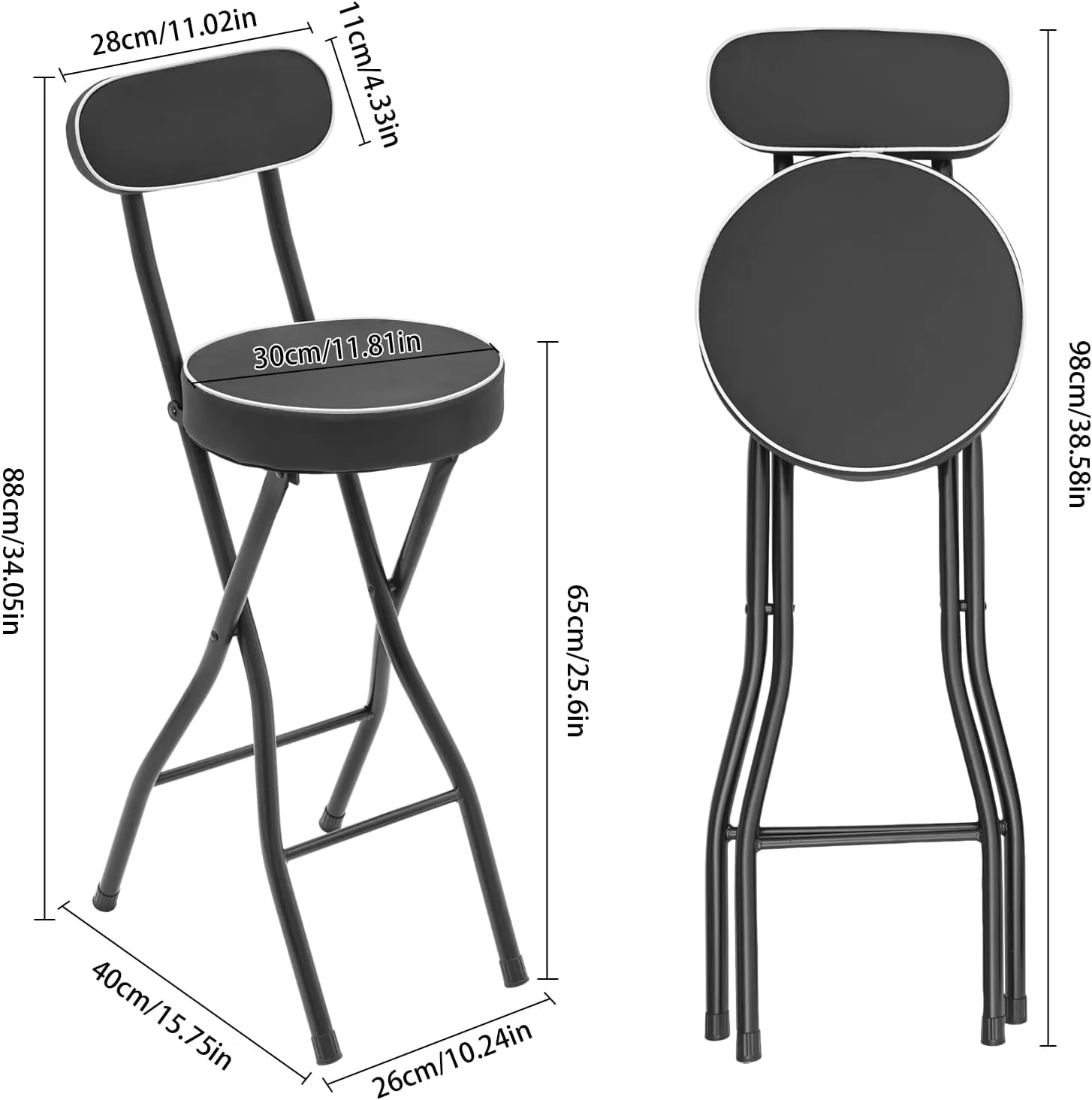 Folding Stool, Cushioned Padded Folding Stool Portable Bar Stool with Back for Camping Kitchen Home Office, Tall Bar Collapsible Stools (Black, 2Pcs 25.6in)