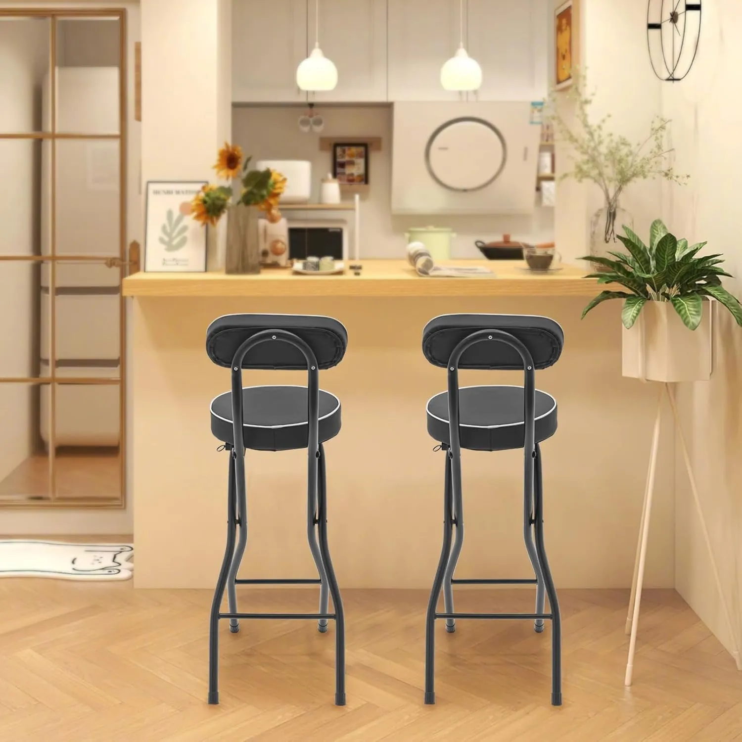 Folding Stool, Cushioned Padded Folding Stool Portable Bar Stool with Back for Camping Kitchen Home Office, Tall Bar Collapsible Stools (Black, 2Pcs 25.6in)