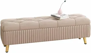 Folding Storage Household Shoe Changing Stool Flannel Tufted Bedroom Bed end Stool Flip Toy Box with Metal Non-Slip feet Bearing 330lbs 80x40x45cm(Color:Beige)