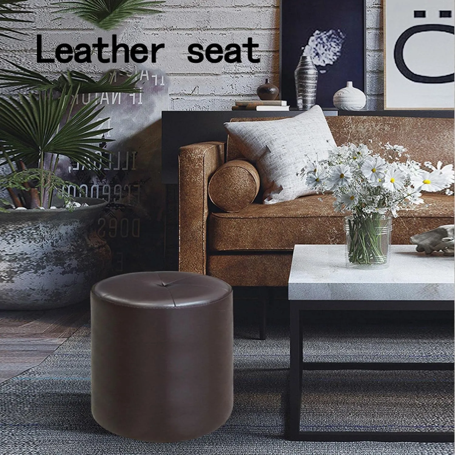 Foot Stool Cowhide Footstool Round Foot Stools Shoe Change Stool Pouffe Footstool for The Bedroom for Living Room, Beige Yellow- 32x40cm,Khaki-32x32cm