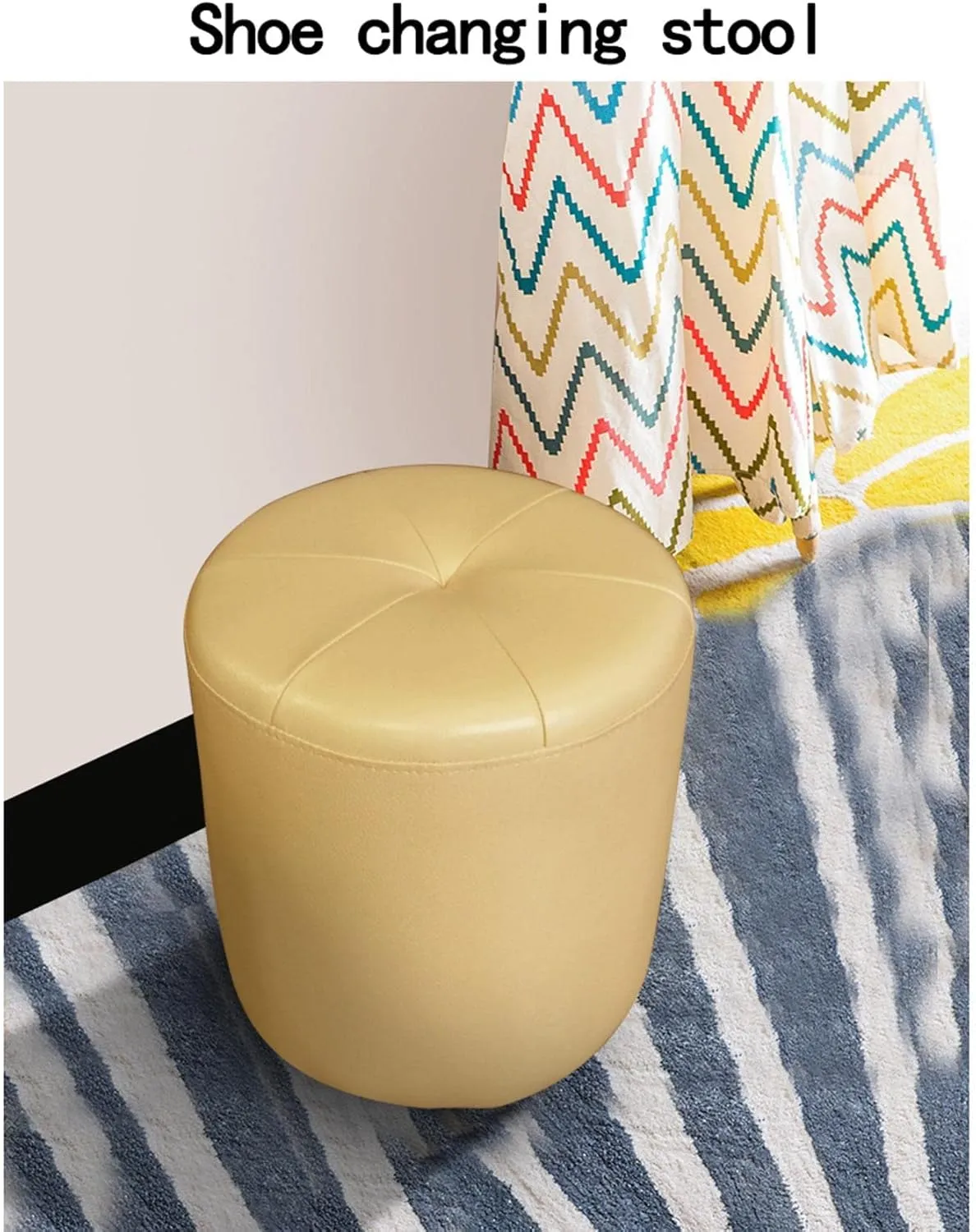 Foot Stool Cowhide Footstool Round Foot Stools Shoe Change Stool Pouffe Footstool for The Bedroom for Living Room, Beige Yellow- 32x40cm,Khaki-32x32cm