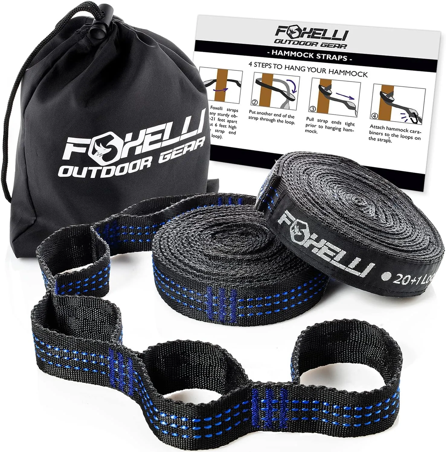 Foxelli XL Hammock Straps - Extra Long 20FT Heavy Duty No-Stretch Suspension System, 40 2 Loops, 2000 LBS Capacity, for Indoor/Outdoor Use – Set of 2 Straps & Carry Bag