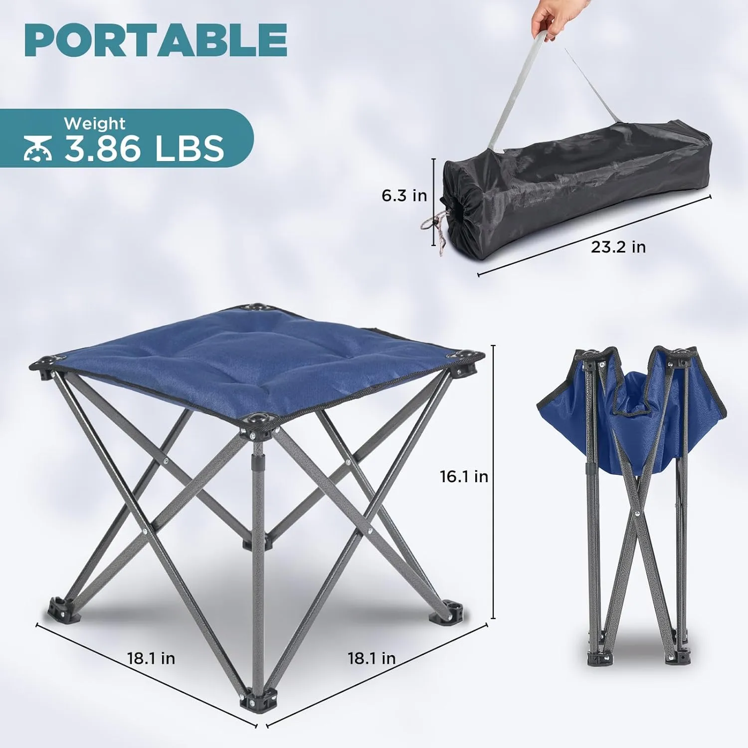 FUNDANGO Folding Camping Stool, 18.1 Inch Oversized Foot Stools 330 Lbs Heavy Duty Portable Padded Seat Anti-Slip Foots & Carry Bag for Fishing Outdoor Lawn Travel (Black)
