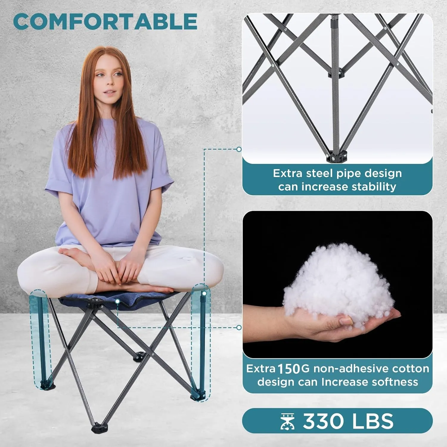 FUNDANGO Folding Camping Stool, 18.1 Inch Oversized Foot Stools 330 Lbs Heavy Duty Portable Padded Seat Anti-Slip Foots & Carry Bag for Fishing Outdoor Lawn Travel (Black)