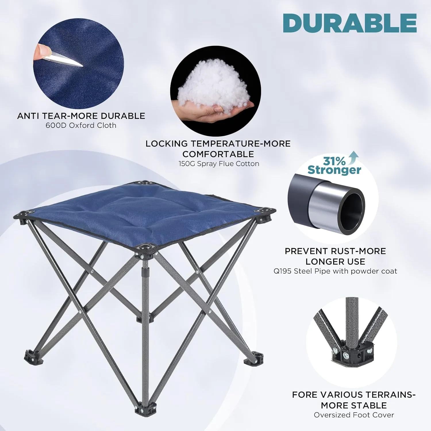 FUNDANGO Folding Camping Stool, 18.1 Inch Oversized Foot Stools 330 Lbs Heavy Duty Portable Padded Seat Anti-Slip Foots & Carry Bag for Fishing Outdoor Lawn Travel (Black)