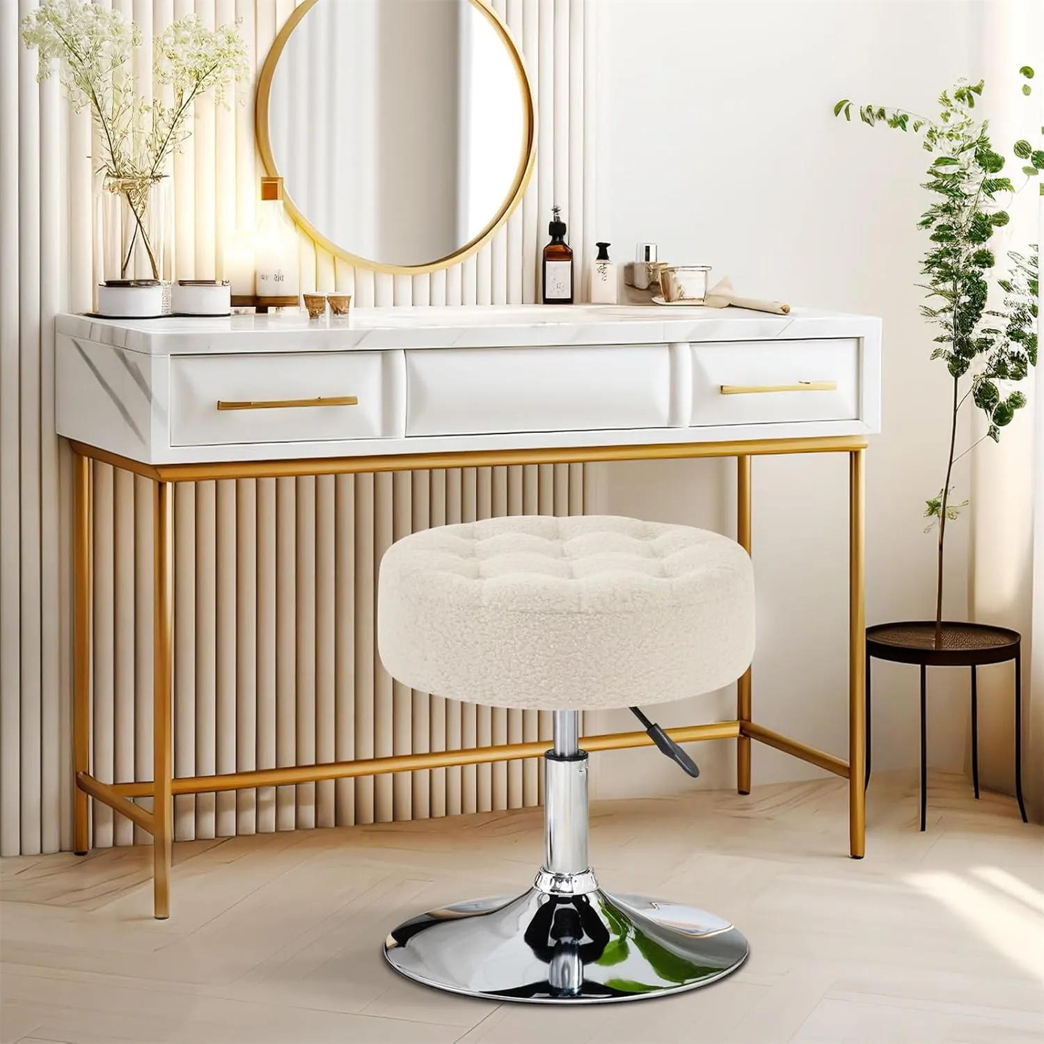 Furnimart Modern Round Faux Fur Vanity Ottoman Stool, Contemporary Makeup Accent Stool for Bedroom Living Room Entryway(Faux Fur-White)
