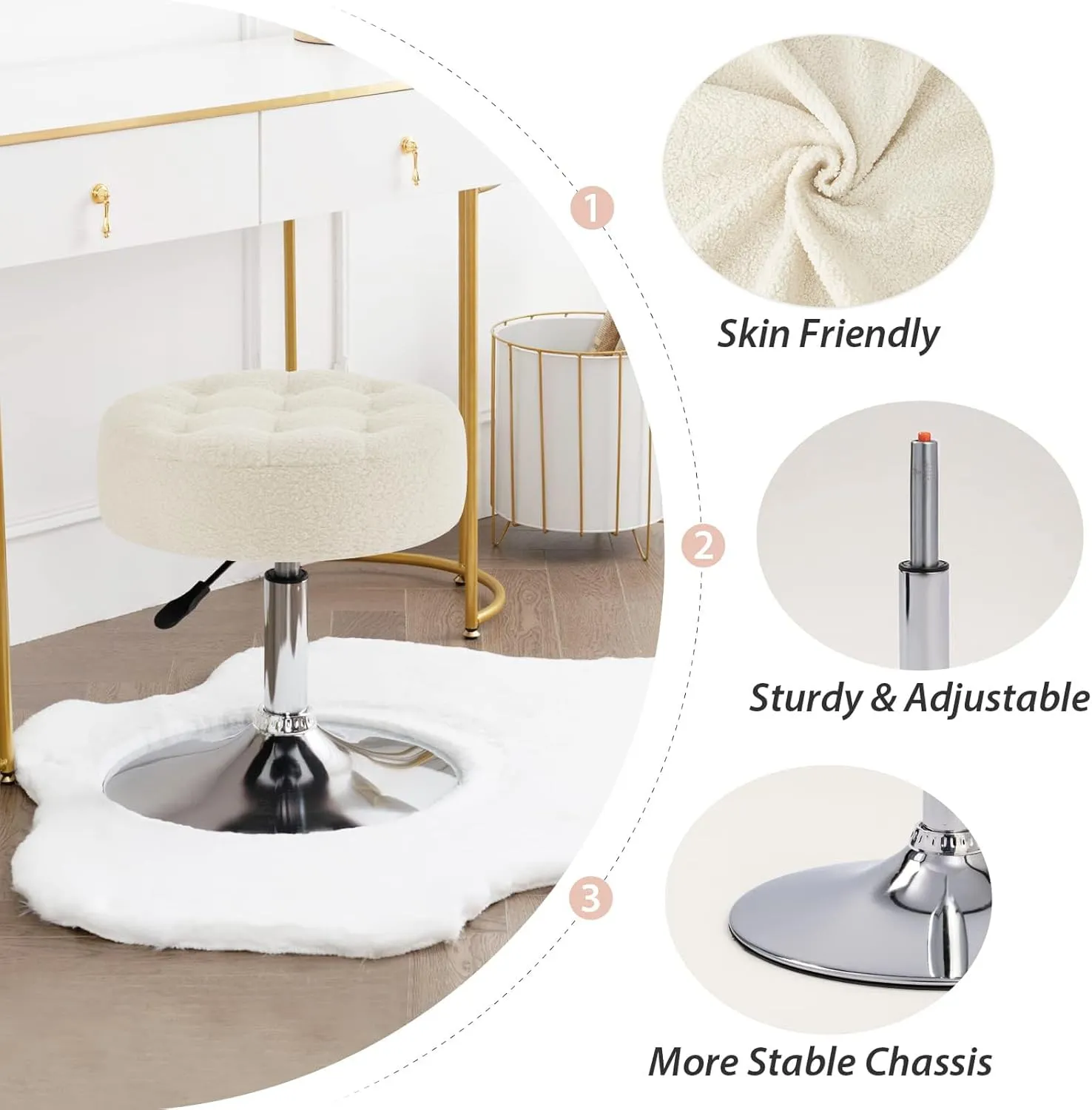 Furnimart Modern Round Faux Fur Vanity Ottoman Stool, Contemporary Makeup Accent Stool for Bedroom Living Room Entryway(Faux Fur-White)