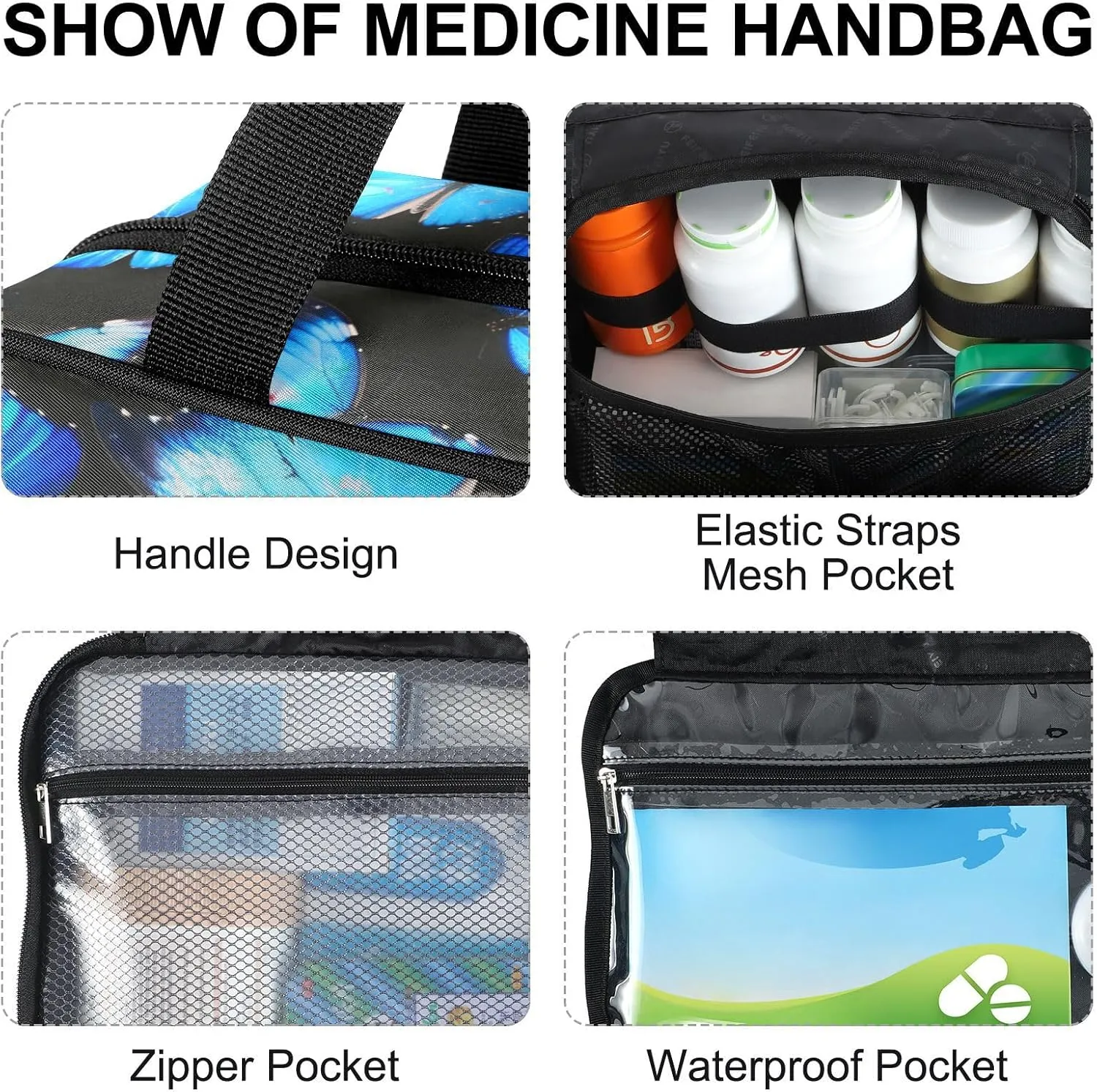 Fustylead Beautiful Bright Blue Butterflies Large Medical Supplies Organizer Bag with Zipper Empty First Aid Bag Trauma Kit for Traveling Hiking Camping