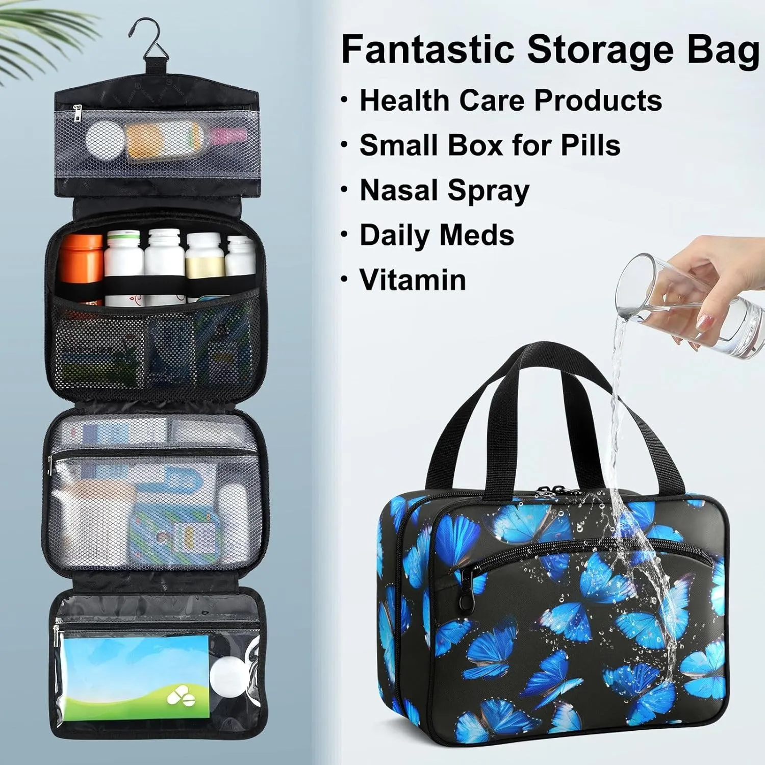 Fustylead Beautiful Bright Blue Butterflies Large Medical Supplies Organizer Bag with Zipper Empty First Aid Bag Trauma Kit for Traveling Hiking Camping