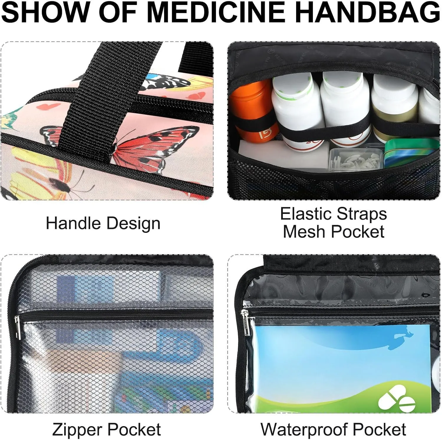 Fustylead Colorful Hand Draw Beautiful Butterflies Large Medical Supplies Organizer Bag with Zipper Empty First Aid Bag Trauma Kit for Traveling Hiking Camping