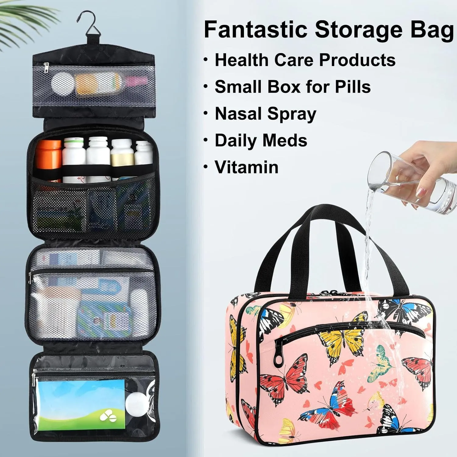 Fustylead Colorful Hand Draw Beautiful Butterflies Large Medical Supplies Organizer Bag with Zipper Empty First Aid Bag Trauma Kit for Traveling Hiking Camping