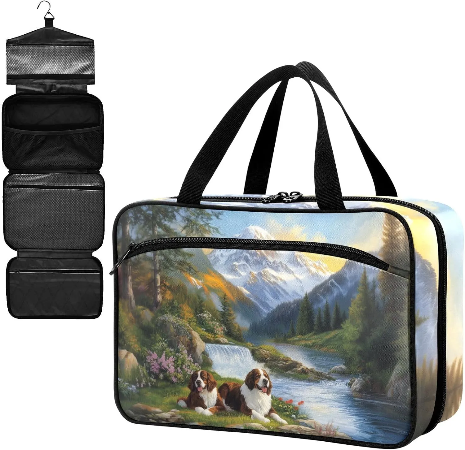 Fustylead Cute Bernese Mountain Dogs and Flowing River Large Medical Supplies Organizer Bag with Zipper Empty First Aid Bag Trauma Kit for Traveling Hiking Camping