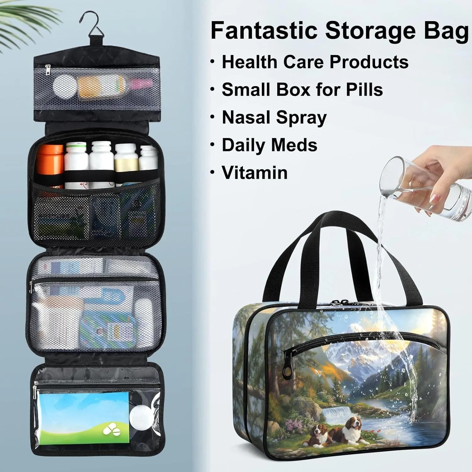 Fustylead Cute Bernese Mountain Dogs and Flowing River Large Medical Supplies Organizer Bag with Zipper Empty First Aid Bag Trauma Kit for Traveling Hiking Camping