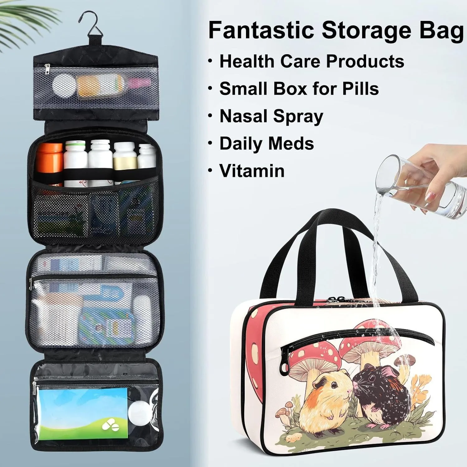 Fustylead Cute Guinea Pigs and Mushrooms Travel Medicine Organizer Bag Home Storage First Aid Kit Large Pill Case with Zipper for Pill Bottle, Vitamins, and Medical Supplies