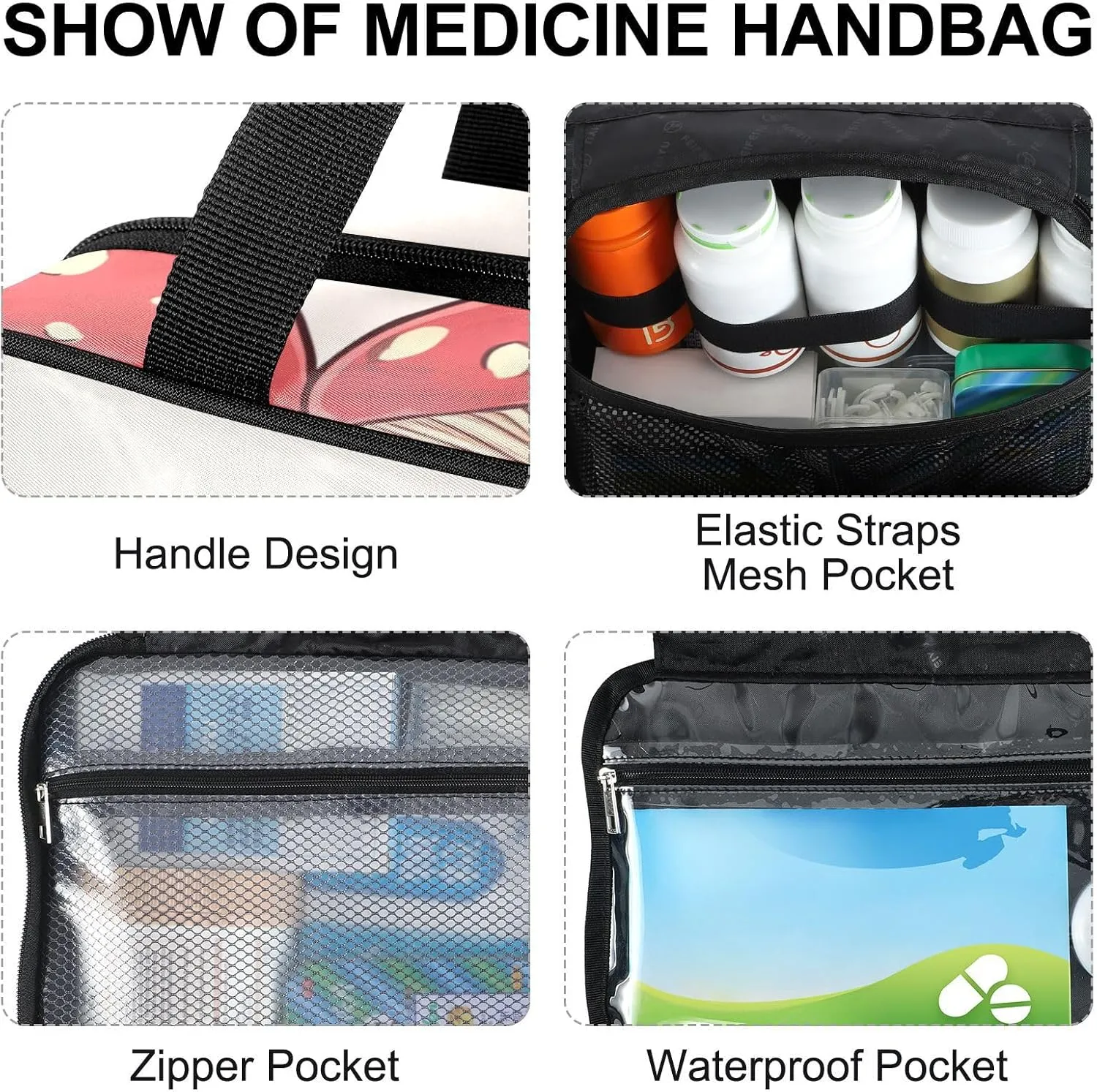 Fustylead Cute Guinea Pigs and Mushrooms Travel Medicine Organizer Bag Home Storage First Aid Kit Large Pill Case with Zipper for Pill Bottle, Vitamins, and Medical Supplies