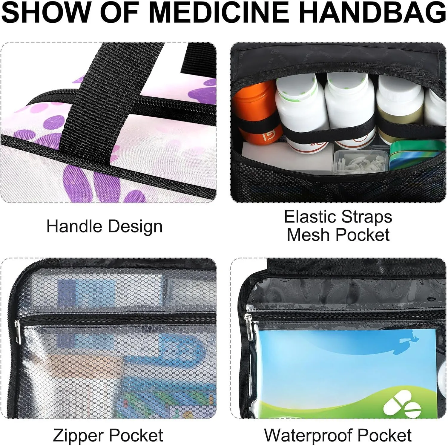 Fustylead Cute Pink Purple Dog Cat Paw Prints Large Medical Storage Bag with Zipper Empty First Aid Bag Trauma Kit for Traveling Hiking Camping Backpacking