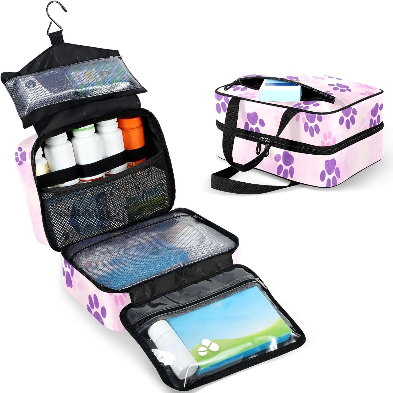 Fustylead Cute Pink Purple Dog Cat Paw Prints Large Medical Storage Bag with Zipper Empty First Aid Bag Trauma Kit for Traveling Hiking Camping Backpacking