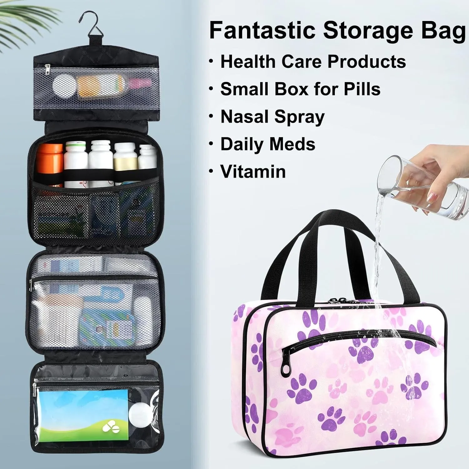 Fustylead Cute Pink Purple Dog Cat Paw Prints Large Medical Storage Bag with Zipper Empty First Aid Bag Trauma Kit for Traveling Hiking Camping Backpacking