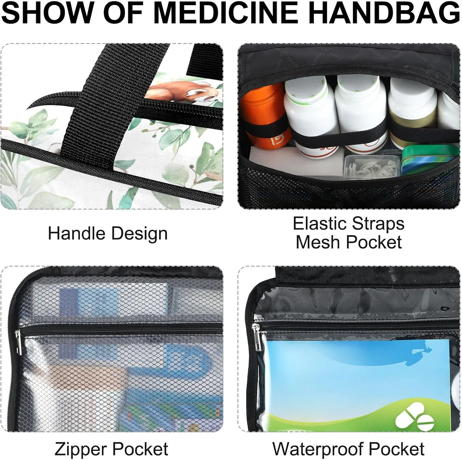 Fustylead Cute Red Panda Green Leaves Large Medical Storage Bag with Zipper Empty First Aid Bag Trauma Kit for Traveling Hiking Camping Backpacking