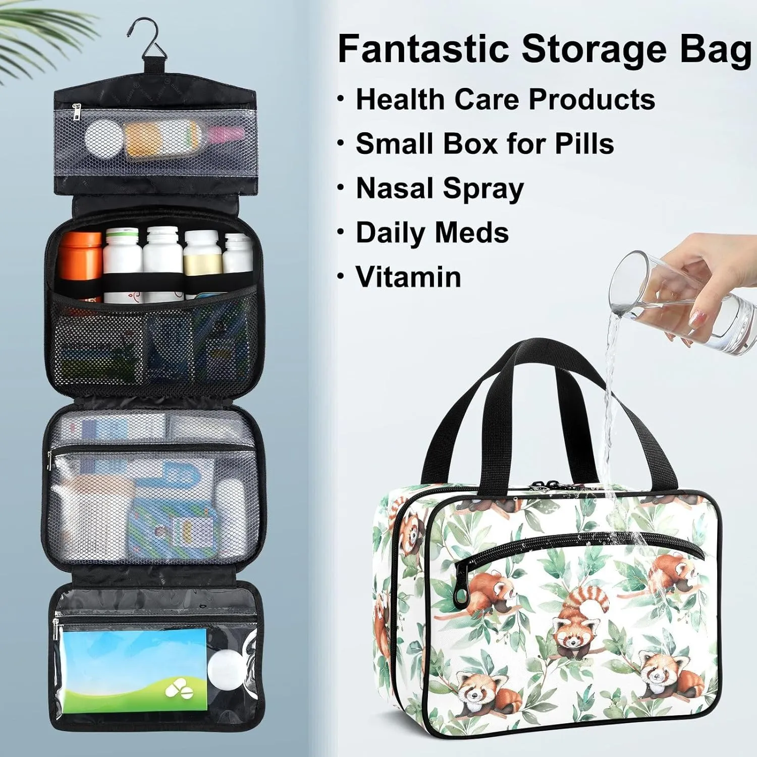Fustylead Cute Red Panda Green Leaves Large Medical Storage Bag with Zipper Empty First Aid Bag Trauma Kit for Traveling Hiking Camping Backpacking
