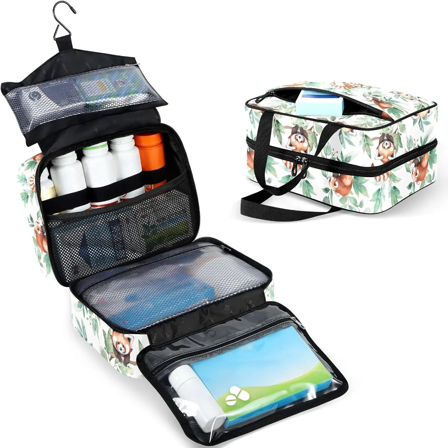 Fustylead Cute Red Panda Green Leaves Large Medical Storage Bag with Zipper Empty First Aid Bag Trauma Kit for Traveling Hiking Camping Backpacking