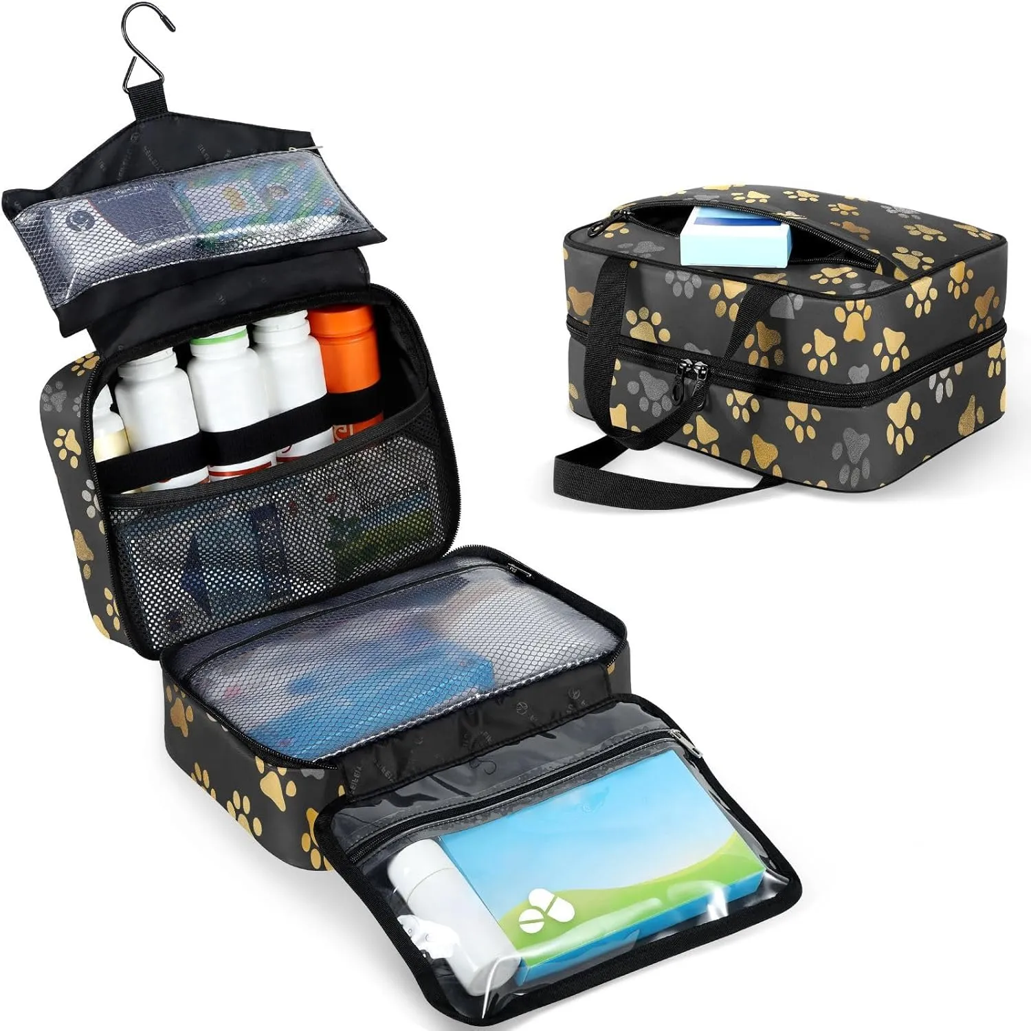 Fustylead Gold and Grey Cute Dog Paw Prints Large Medical Storage Bag with Zipper Empty First Aid Bag Trauma Kit for Traveling Hiking Camping Backpacking