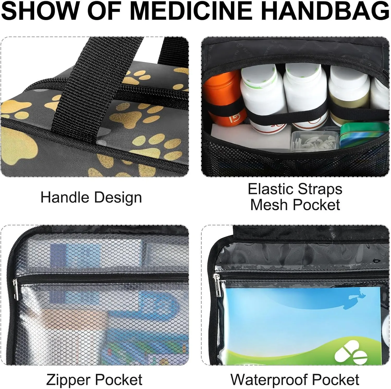 Fustylead Gold and Grey Cute Dog Paw Prints Large Medical Storage Bag with Zipper Empty First Aid Bag Trauma Kit for Traveling Hiking Camping Backpacking