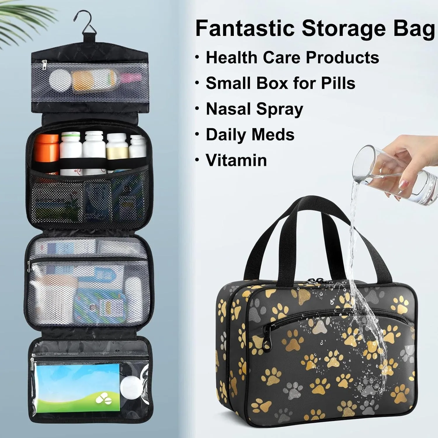 Fustylead Gold and Grey Cute Dog Paw Prints Large Medical Storage Bag with Zipper Empty First Aid Bag Trauma Kit for Traveling Hiking Camping Backpacking