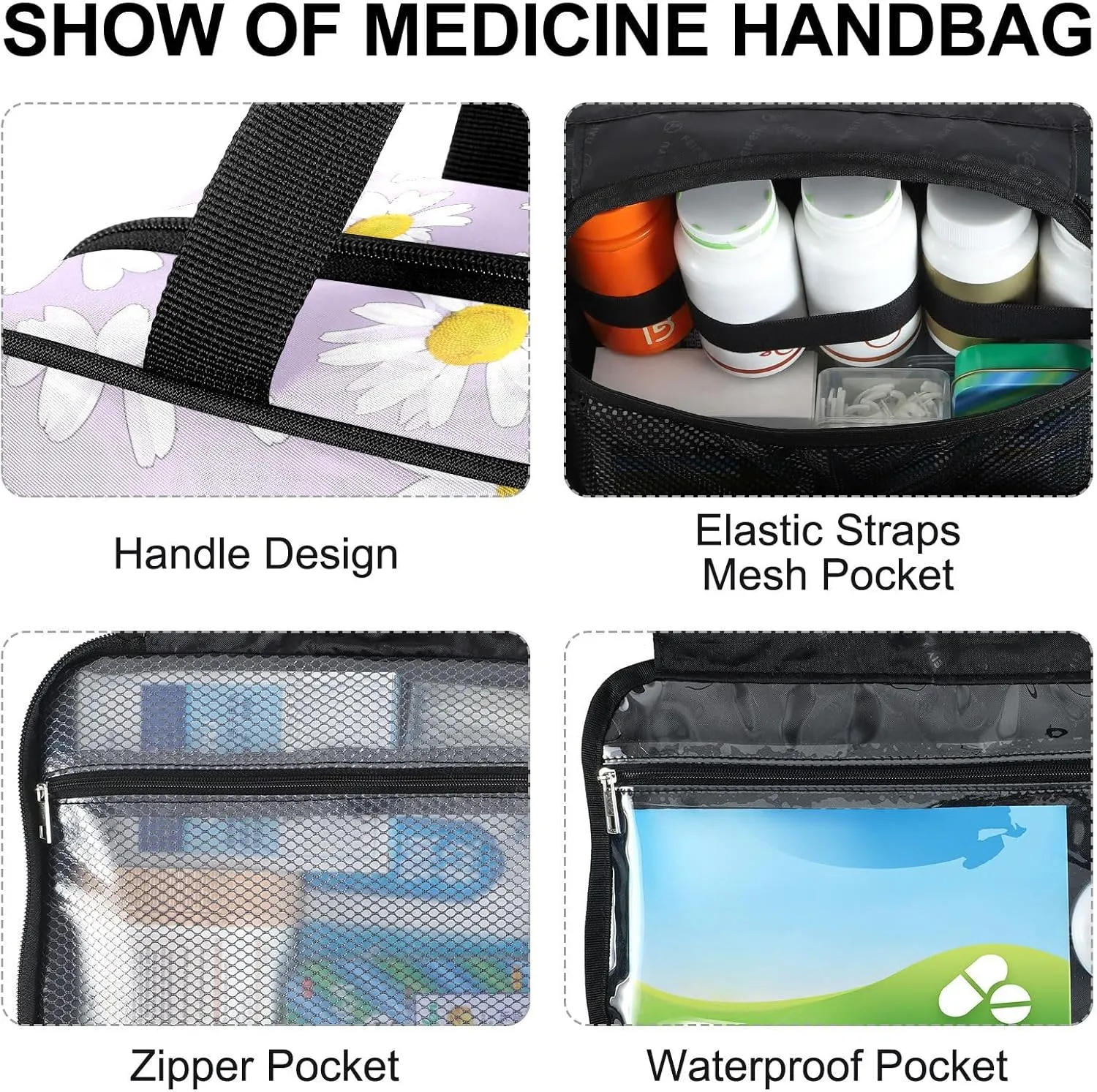Fustylead Hand Draw Daisy on Light Purple Background Large Medical Supplies Organizer Bag with Zipper Empty First Aid Bag Trauma Kit for Traveling Hiking Camping