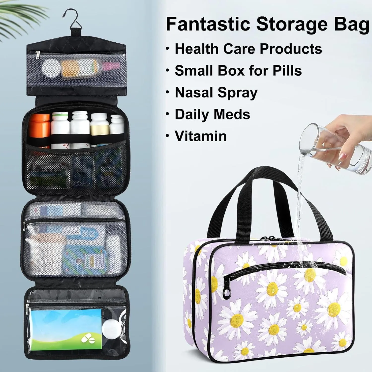 Fustylead Hand Draw Daisy on Light Purple Background Large Medical Supplies Organizer Bag with Zipper Empty First Aid Bag Trauma Kit for Traveling Hiking Camping