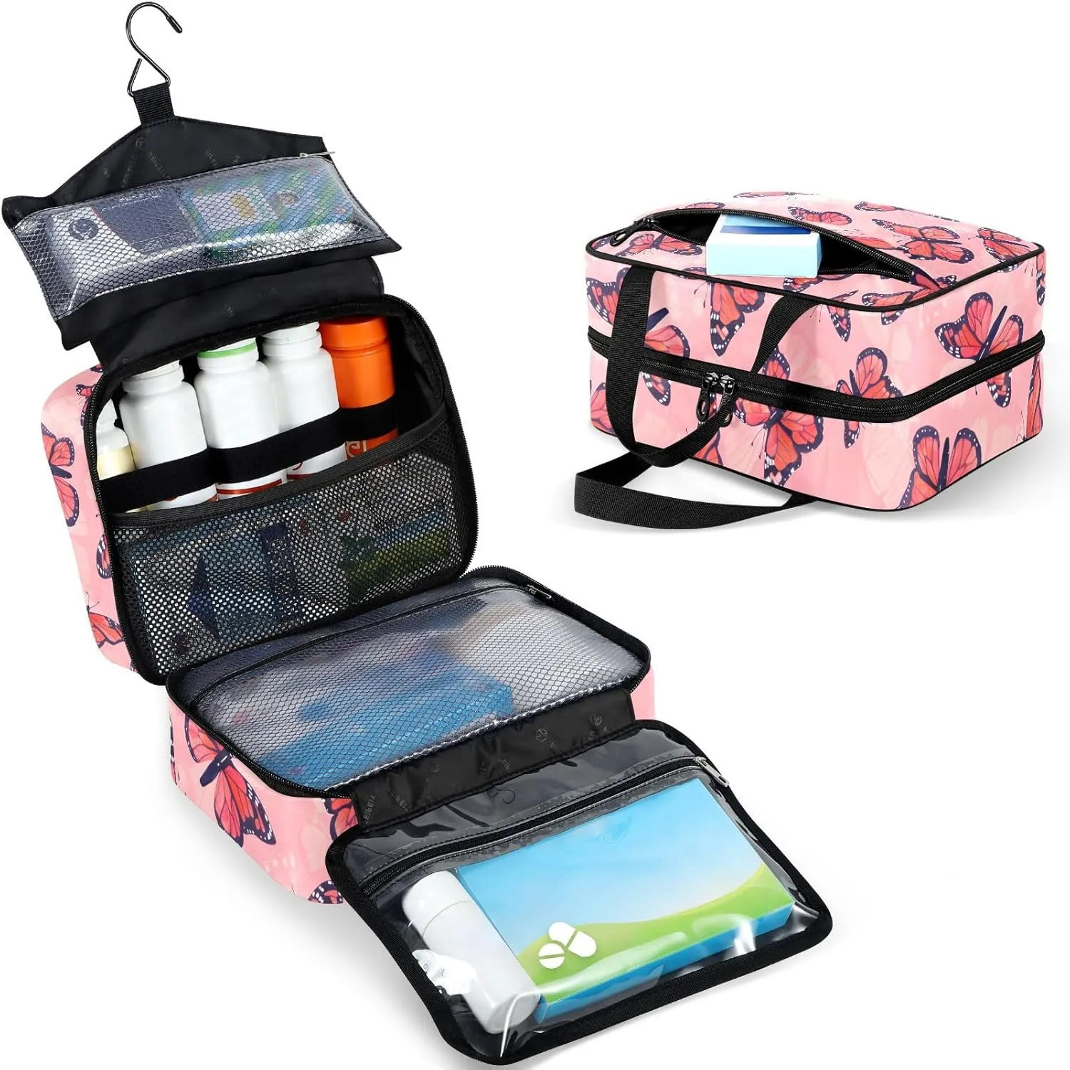 Fustylead Hand Draw Pink Flying Monarch Butterfly Large Medical Supplies Organizer Bag with Zipper Empty First Aid Bag Trauma Kit for Traveling Hiking Camping