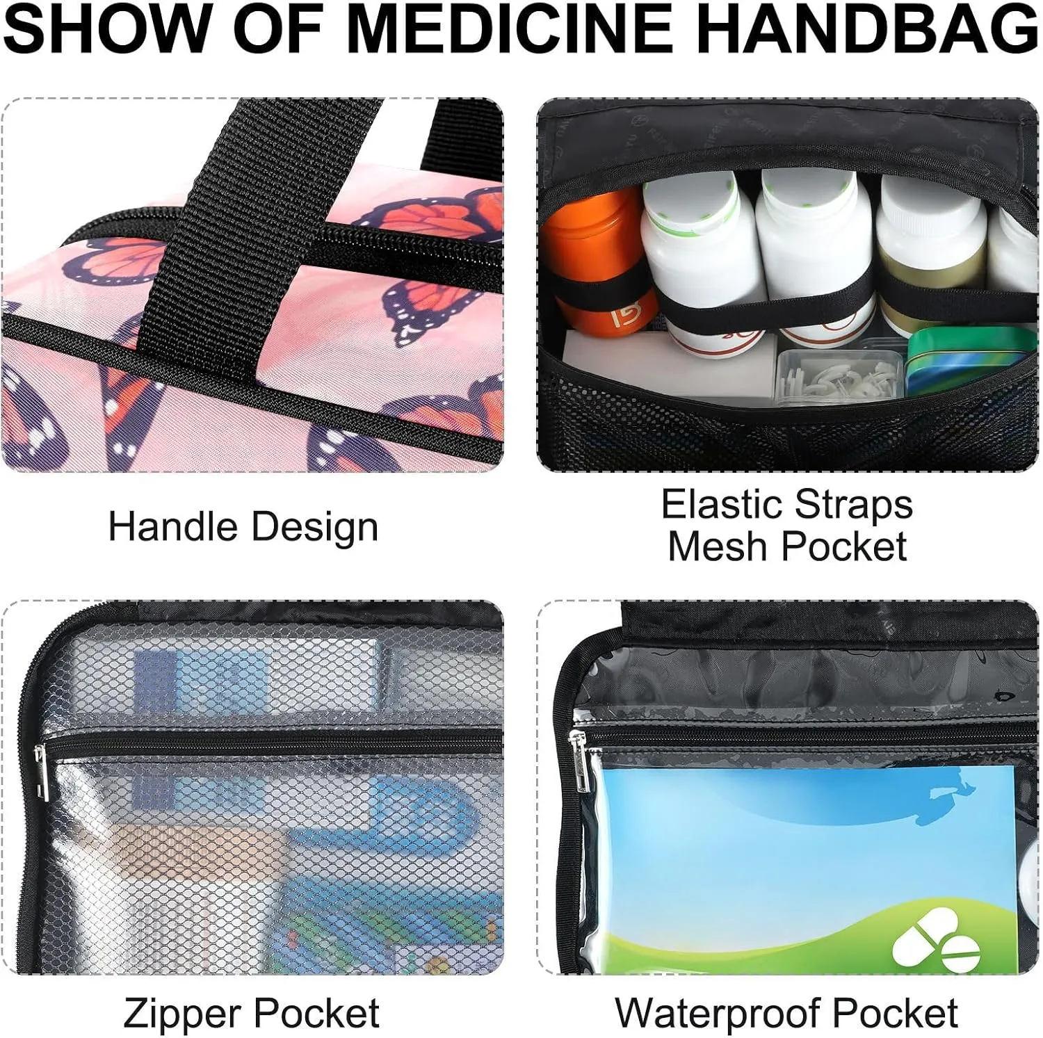 Fustylead Hand Draw Pink Flying Monarch Butterfly Large Medical Supplies Organizer Bag with Zipper Empty First Aid Bag Trauma Kit for Traveling Hiking Camping