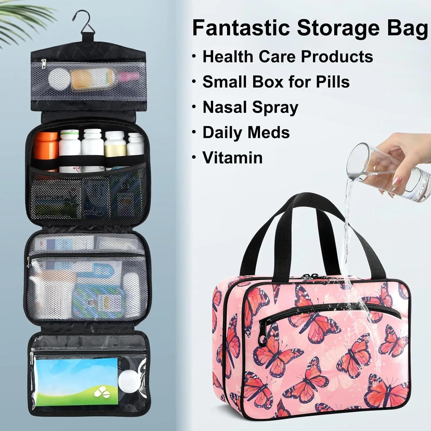 Fustylead Hand Draw Pink Flying Monarch Butterfly Large Medical Supplies Organizer Bag with Zipper Empty First Aid Bag Trauma Kit for Traveling Hiking Camping