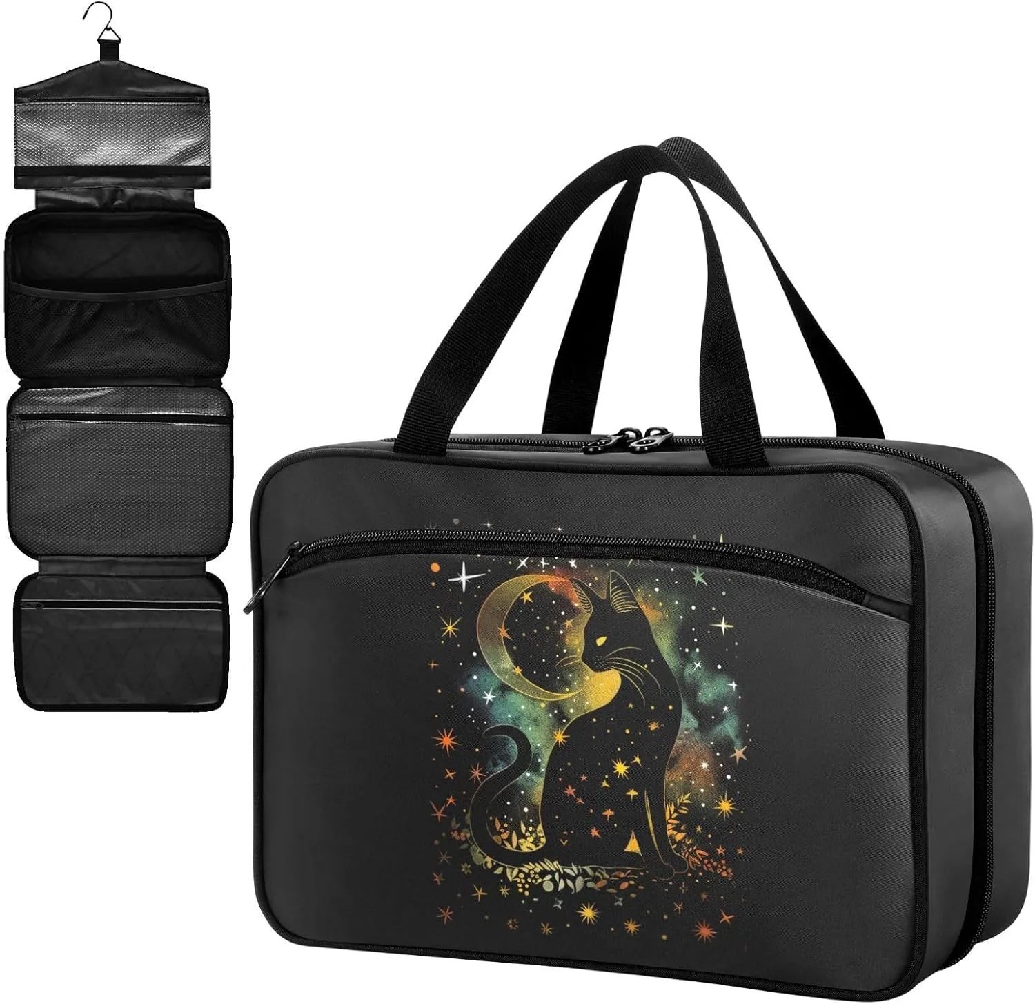 Fustylead Mystic Black Cat Silhouette and Stars Moon Large Medical Storage Bag with Zipper Empty First Aid Bag Trauma Kit for Traveling Hiking Camping Backpacking