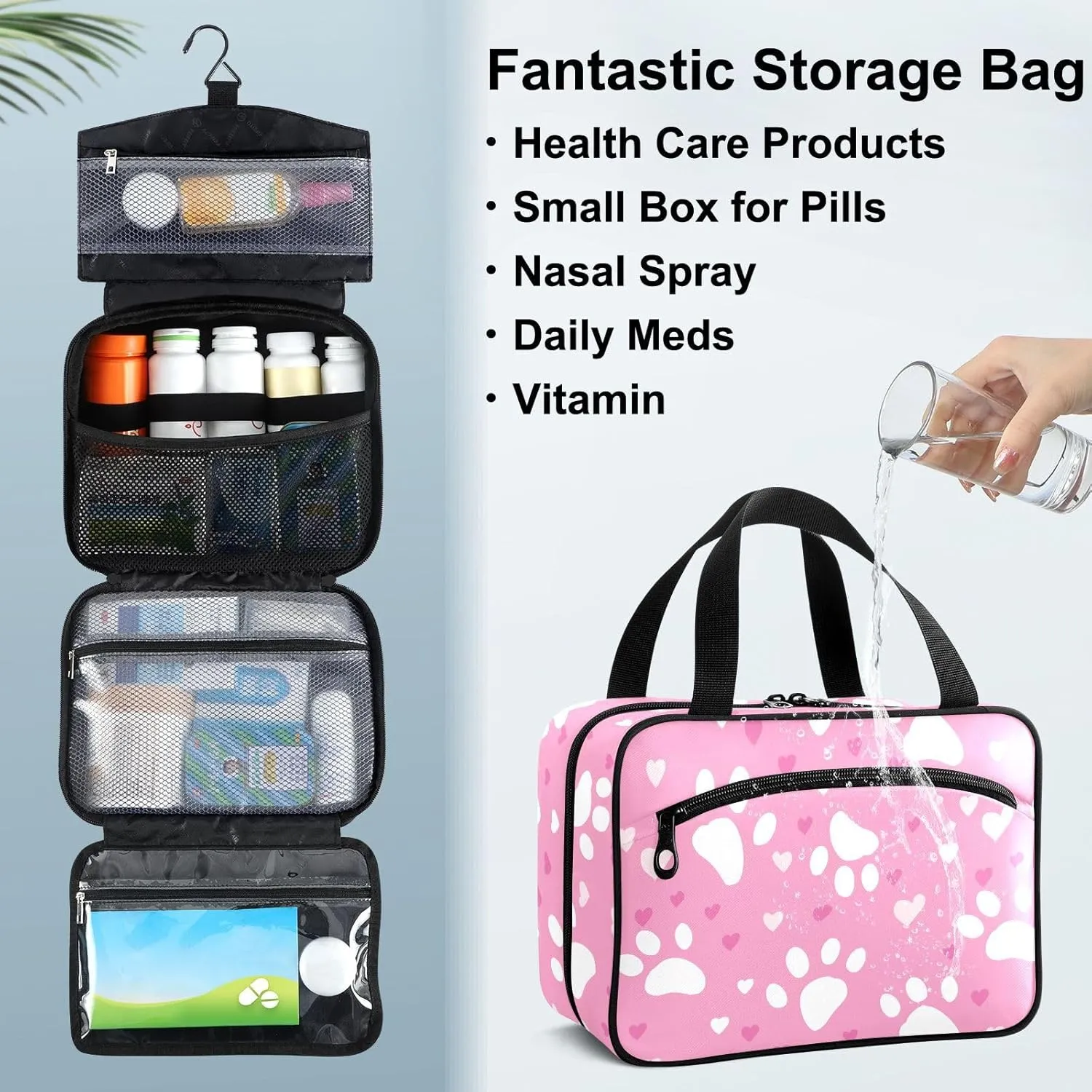 Fustylead White Paw Prints and Hearts on Pink Background Large Medical Storage Bag with Zipper Empty First Aid Bag Trauma Kit for Traveling Hiking Camping Backpacking