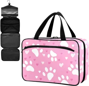 Fustylead White Paw Prints and Hearts on Pink Background Large Medical Storage Bag with Zipper Empty First Aid Bag Trauma Kit for Traveling Hiking Camping Backpacking