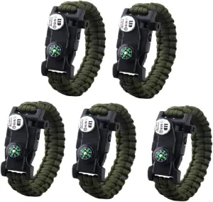 GALAXYLENSE 21 in 1 Survival Bracelet, Paracord Emergency Outdoor Sports Wristband Kit Waterproof Compass, SOS LED Light, Thermometer, Rescue Whistle, Fire Starter.. 21 Tools 5 Sets Green