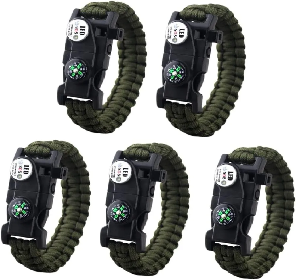 GALAXYLENSE 21 in 1 Survival Bracelet, Paracord Emergency Outdoor Sports Wristband Kit Waterproof Compass, SOS LED Light, Thermometer, Rescue Whistle, Fire Starter.. 21 Tools 5 Sets Green