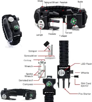 GALAXYLENSE Galaxy 21 in 1 Survival Bracelet, Paracord Emergency Outdoor Sports Wristband Kit Waterproof Compass, SOS LED Light, Thermometer, Rescue Whistle, Fire Starter.21 Tools 10 Sets Green