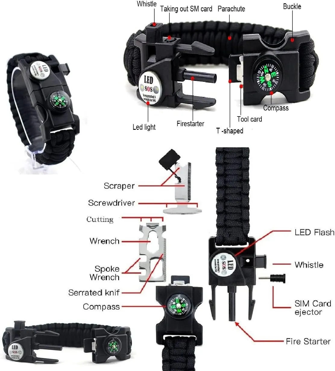 GALAXYLENSE Galaxy 21 in 1 Survival Bracelet, Paracord Emergency Outdoor Sports Wristband Kit Waterproof Compass, SOS LED Light, Thermometer, Rescue Whistle, Fire Starter.21 Tools 10 Sets Green