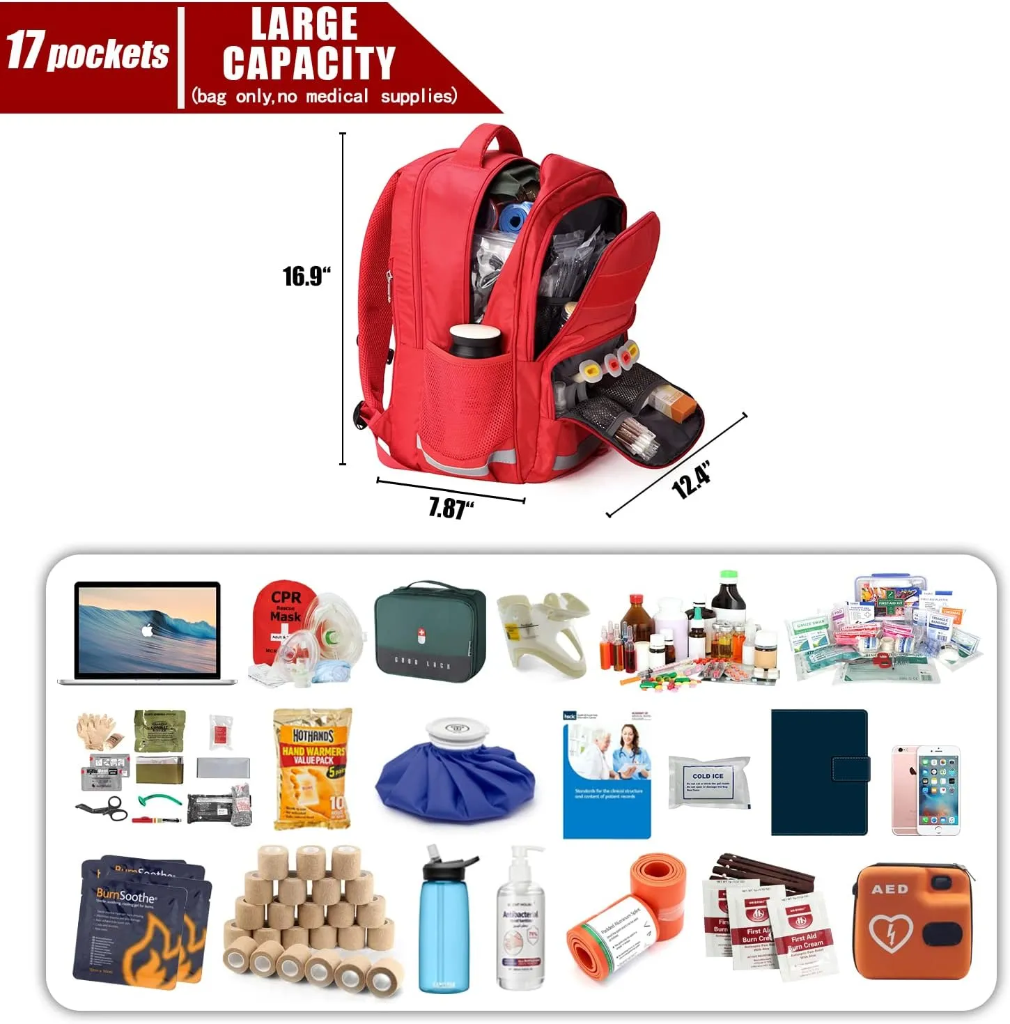 Gatycallaty First Aid Backpack Medical Emt First Responder Bag Empty Ems Emergency Home Health Hiking Trauma Travel Camping (medical red, Large)