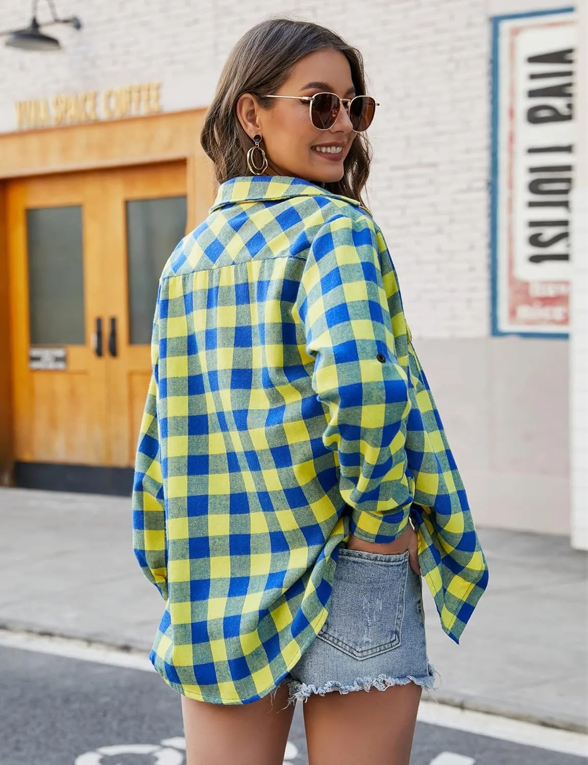 Genhoo Womens Flannel Shirts Roll Up Long Sleeve Plaid Shirt Collared Button Down Gingham Casual Top S-4XL