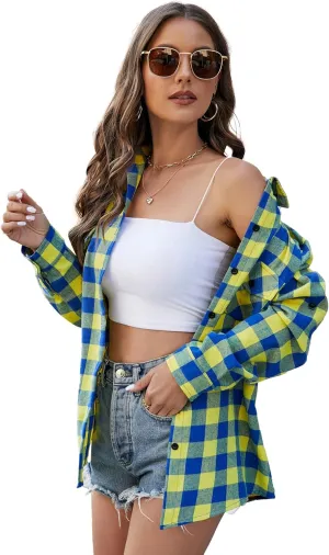 Genhoo Womens Flannel Shirts Roll Up Long Sleeve Plaid Shirt Collared Button Down Gingham Casual Top S-4XL