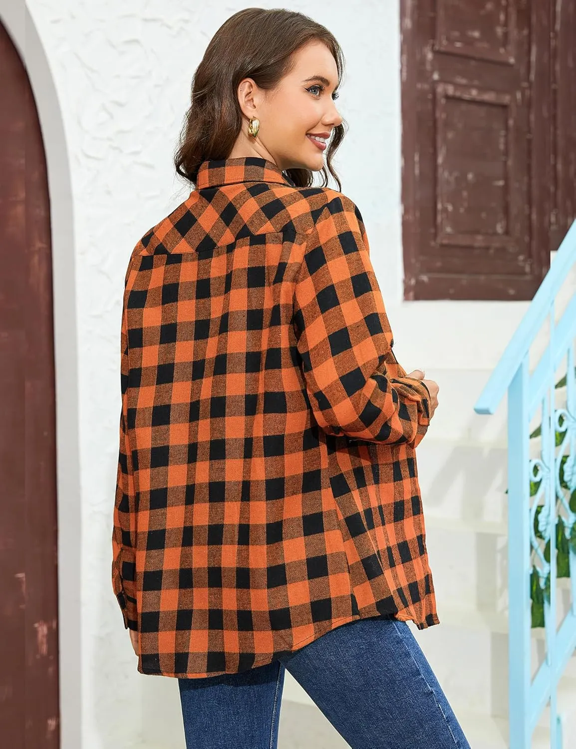 Genhoo Womens Flannel Shirts Roll Up Long Sleeve Plaid Shirt Collared Button Down Gingham Casual Top S-4XL
