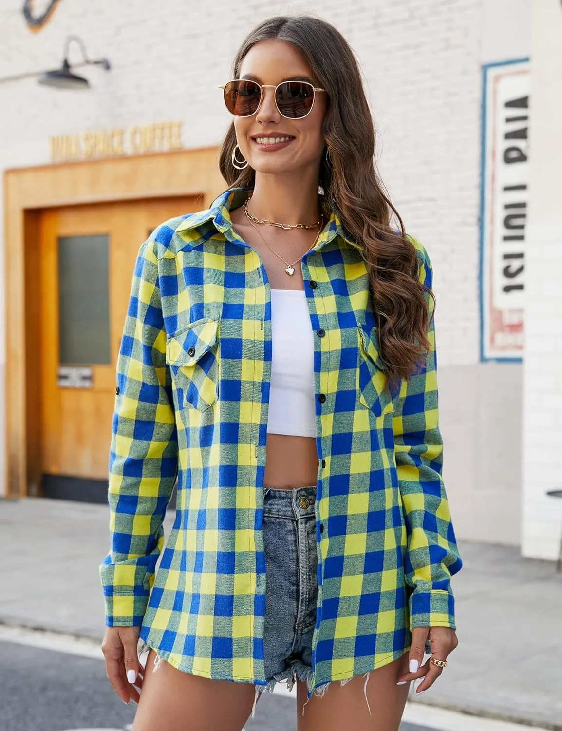 Genhoo Womens Flannel Shirts Roll Up Long Sleeve Plaid Shirt Collared Button Down Gingham Casual Top S-4XL