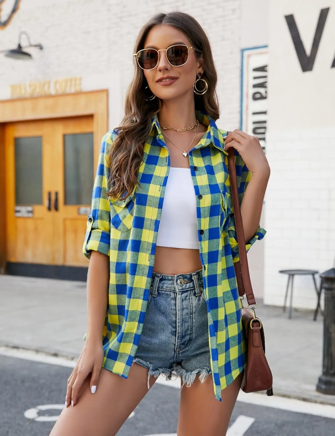 Genhoo Womens Flannel Shirts Roll Up Long Sleeve Plaid Shirt Collared Button Down Gingham Casual Top S-4XL