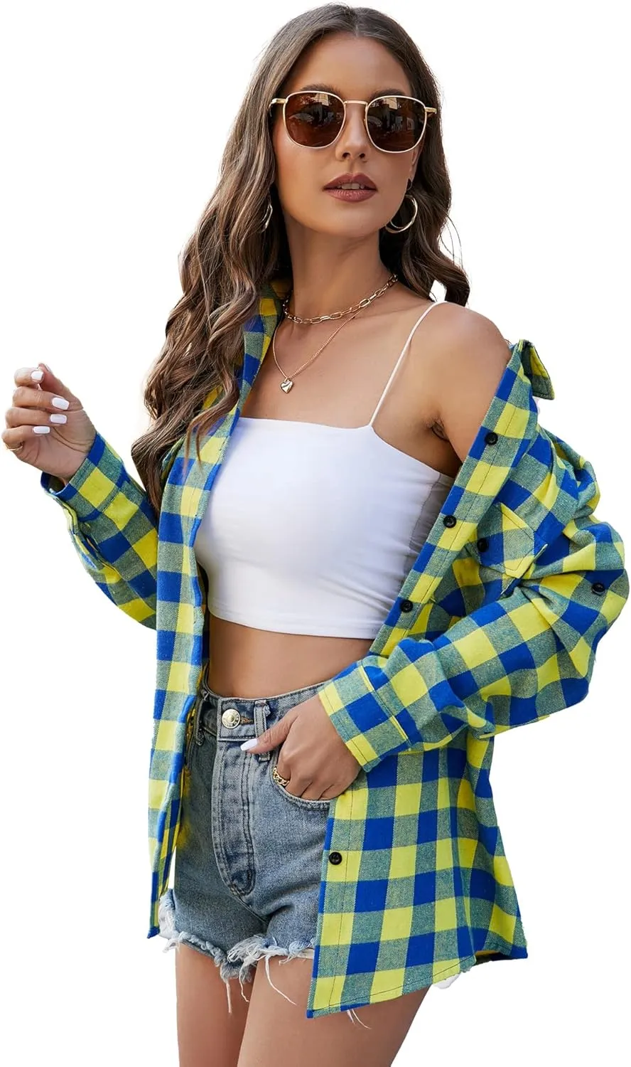 Genhoo Womens Flannel Shirts Roll Up Long Sleeve Plaid Shirt Collared Button Down Gingham Casual Top S-4XL