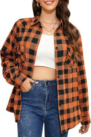 Genhoo Womens Flannel Shirts Roll Up Long Sleeve Plaid Shirt Collared Button Down Gingham Casual Top S-4XL